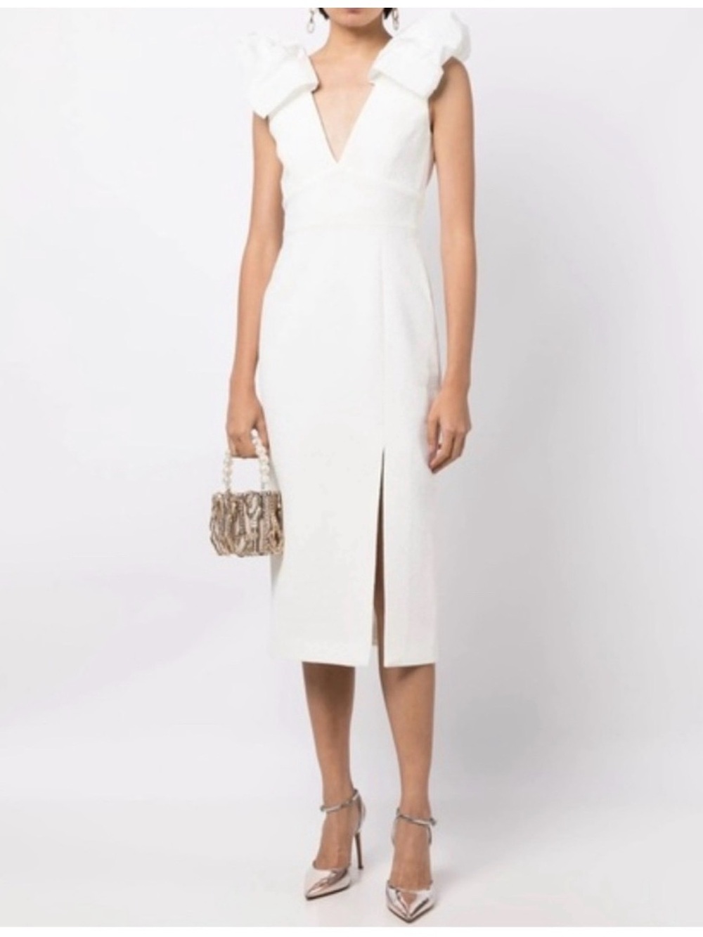 Rebecca Vallance White Midi Dress with V-Neck and Shoulder Ruffles